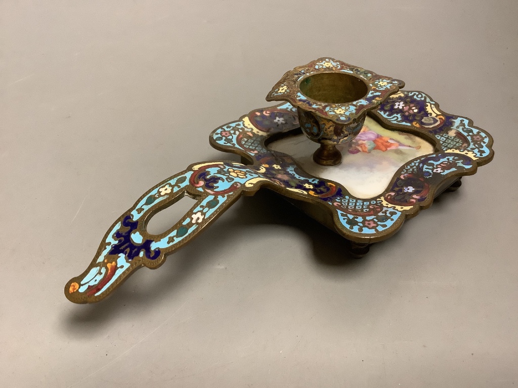 A 19th century French champleve enamel and porcelain chamberstick, 17cm